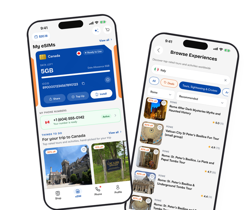 Yatelo app showing an active eSIM, a local phone number and things to do
